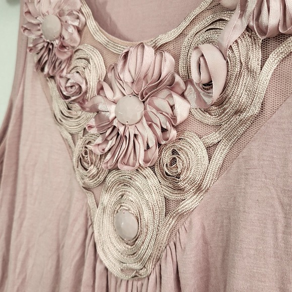 Vintage Y2K Babydoll Top‎ Floral Applique Beaded Large Pink Sleeveless Festival - Picture 6 of 11